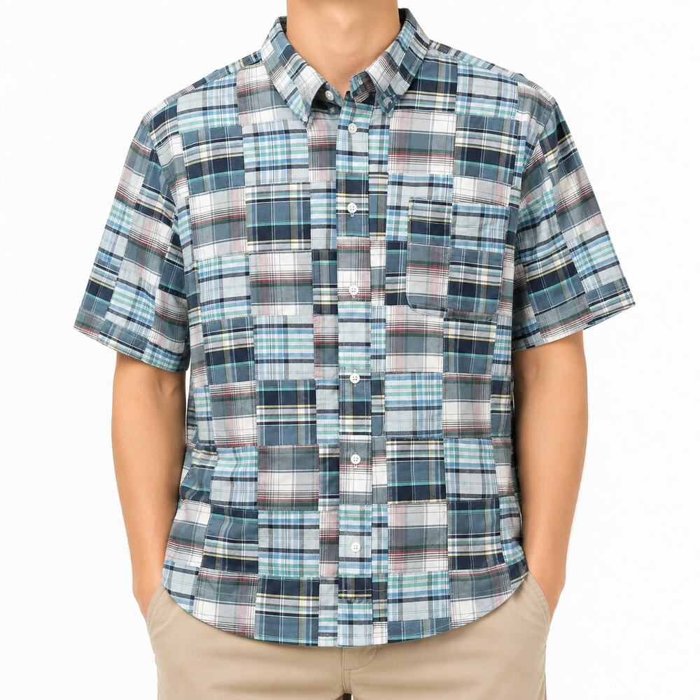 Cape Madras Shirt Men Medium Blue White Plaid Patchwork Short Sleeve Button-Down